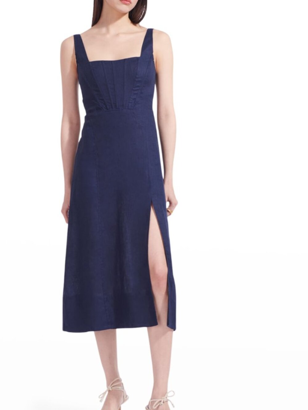 Staud Navy Linen Rome Midi Dress